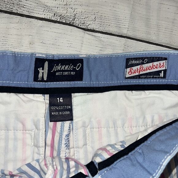Johnnie-O Surfsuckers Seersucker Striped Shorts Cotton Pink Blue Stripes sz 14 - Picture 3 of 3